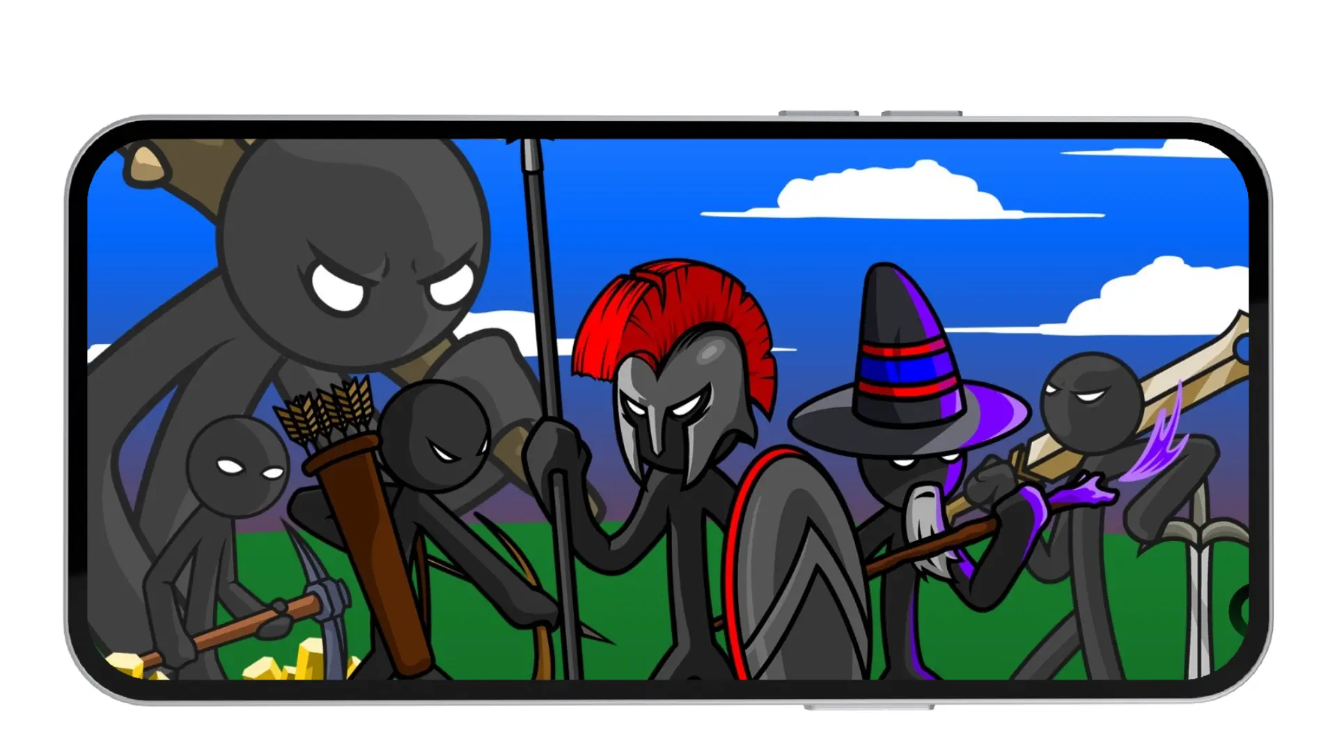 Stick War Legacy MOD APK (V2023.5.1835) Unlimited Gems, 999 Army & Mod Menu Vip 12 Stick figure units lined up for battle