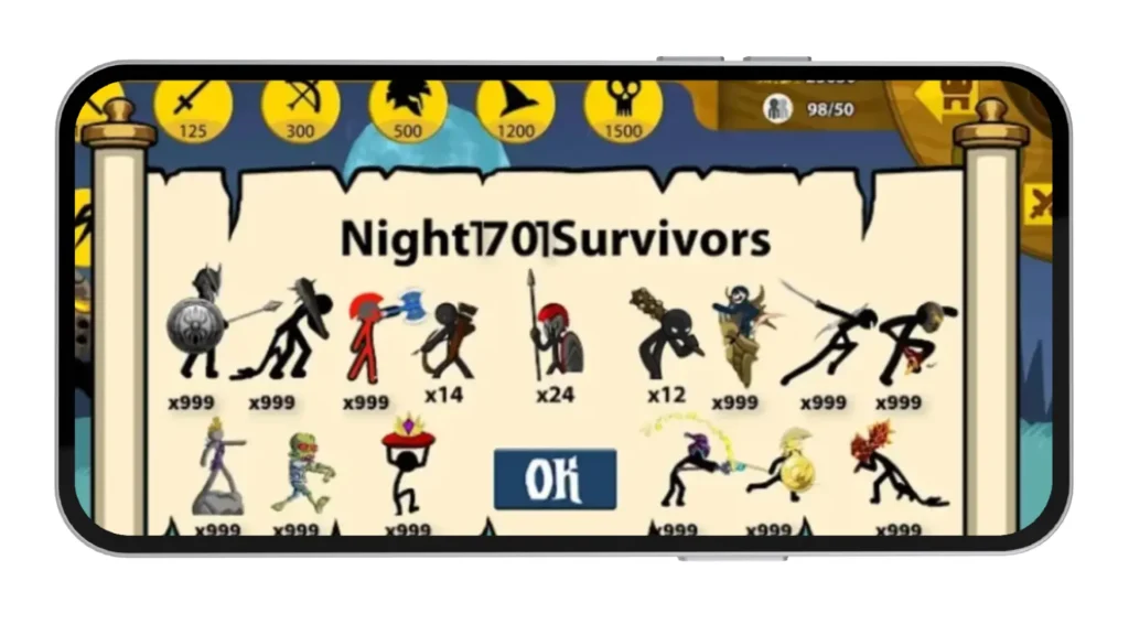 Night Survivors' game mode screen showing units