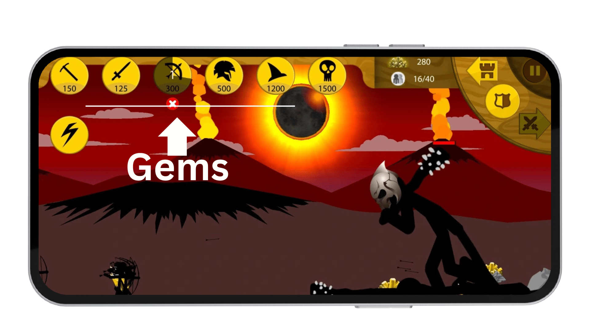 Stick War Legacy MOD APK (V2023.5.1835) Unlimited Gems, 999 Army & Mod Menu Vip 11 highlighting the Gems resource